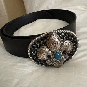 Stylish Black Belt with Silver and Turquoise Buckle